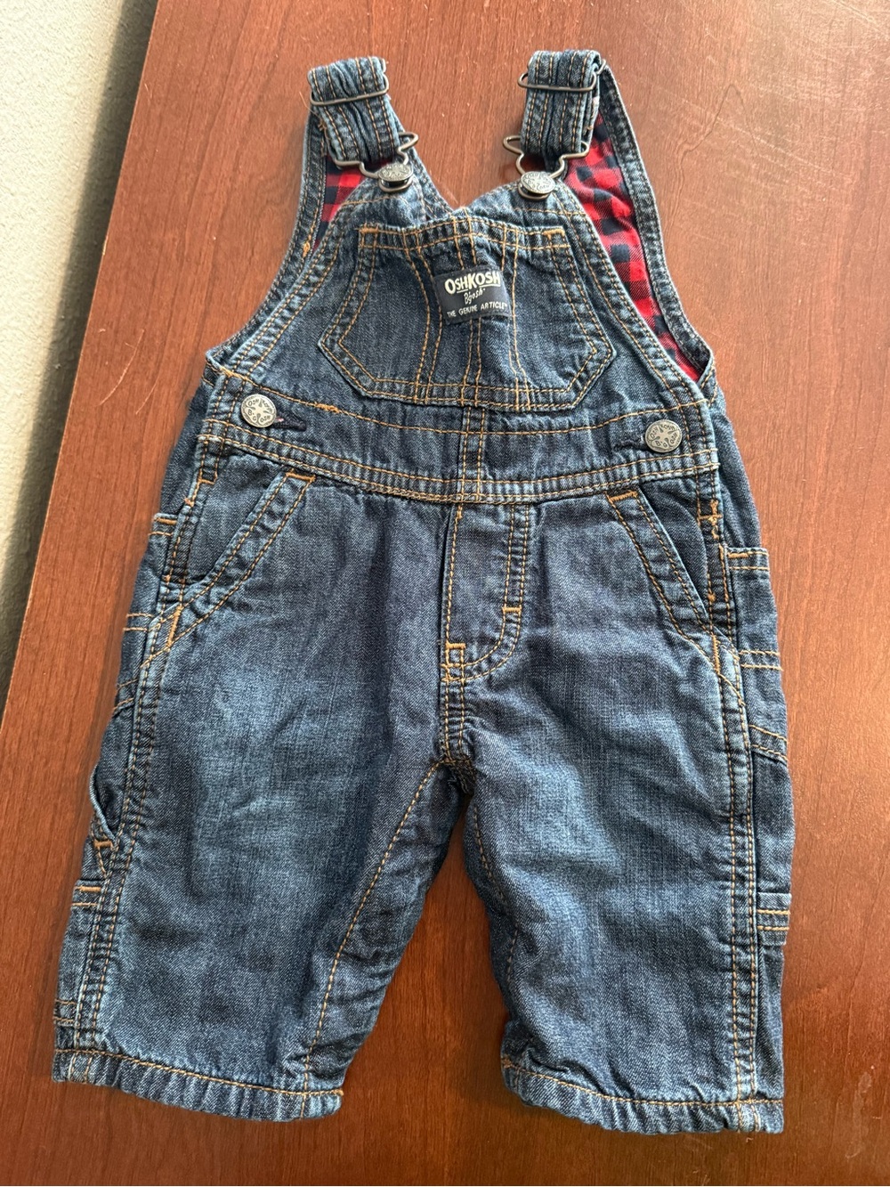OshKosh B'gosh Denim Short Overalls with Red Plaid Lining